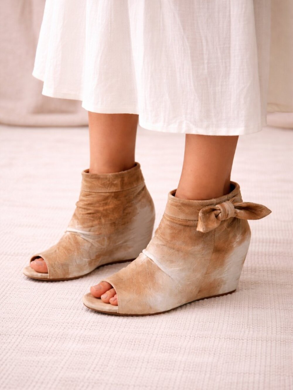 80%20 Leather Peep Toe Hidden Wedge Ankle Booties Tan Gray Boho Size 8